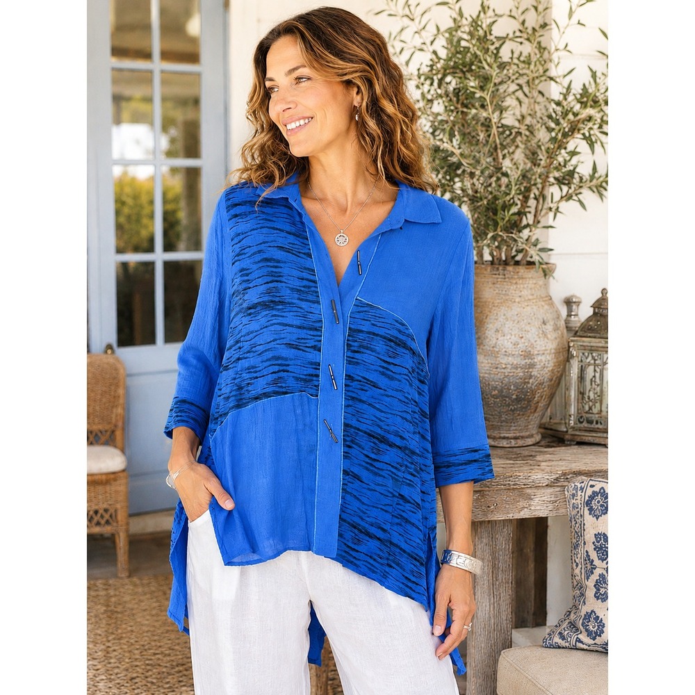 Ali Miles Gauzy Blue Tiger Print Tunic Top M Artsy Lagenlook Career Art To Wear‎